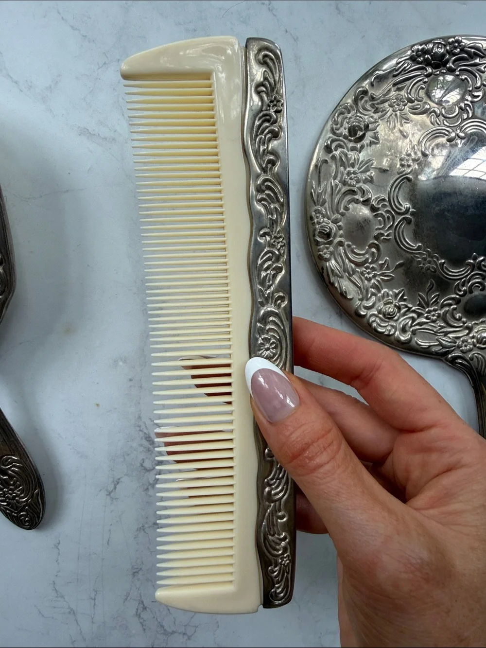 Vintage 3 PC Ornate Silverplated Vanity Hand Mirror, Brush & Comb Set